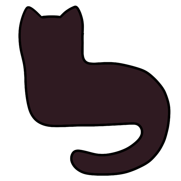 black silhouette of a cat lying down with its head up and tail curved below 